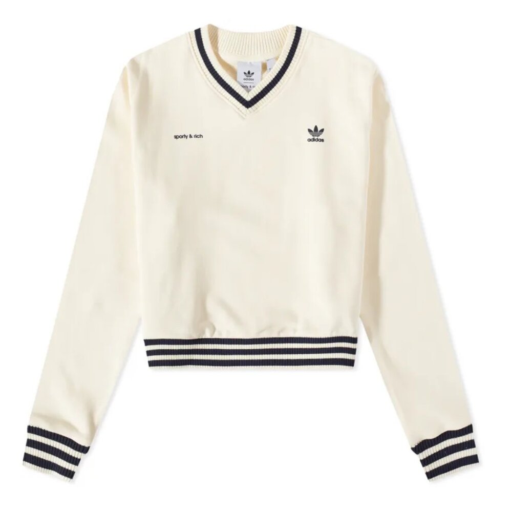 Adidas x Sporty & Rich V Neck Sweatshirt in Cream White Small - Picture 2 of 5